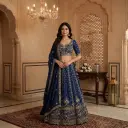 Royal Navy Blue Embroidered Silk Lehenga Choli Set
