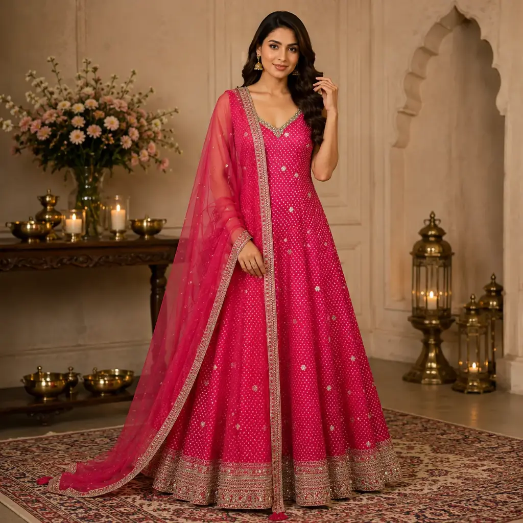 Women's Hot Pink Embroidered Anarkali Suit Set with Dupatta