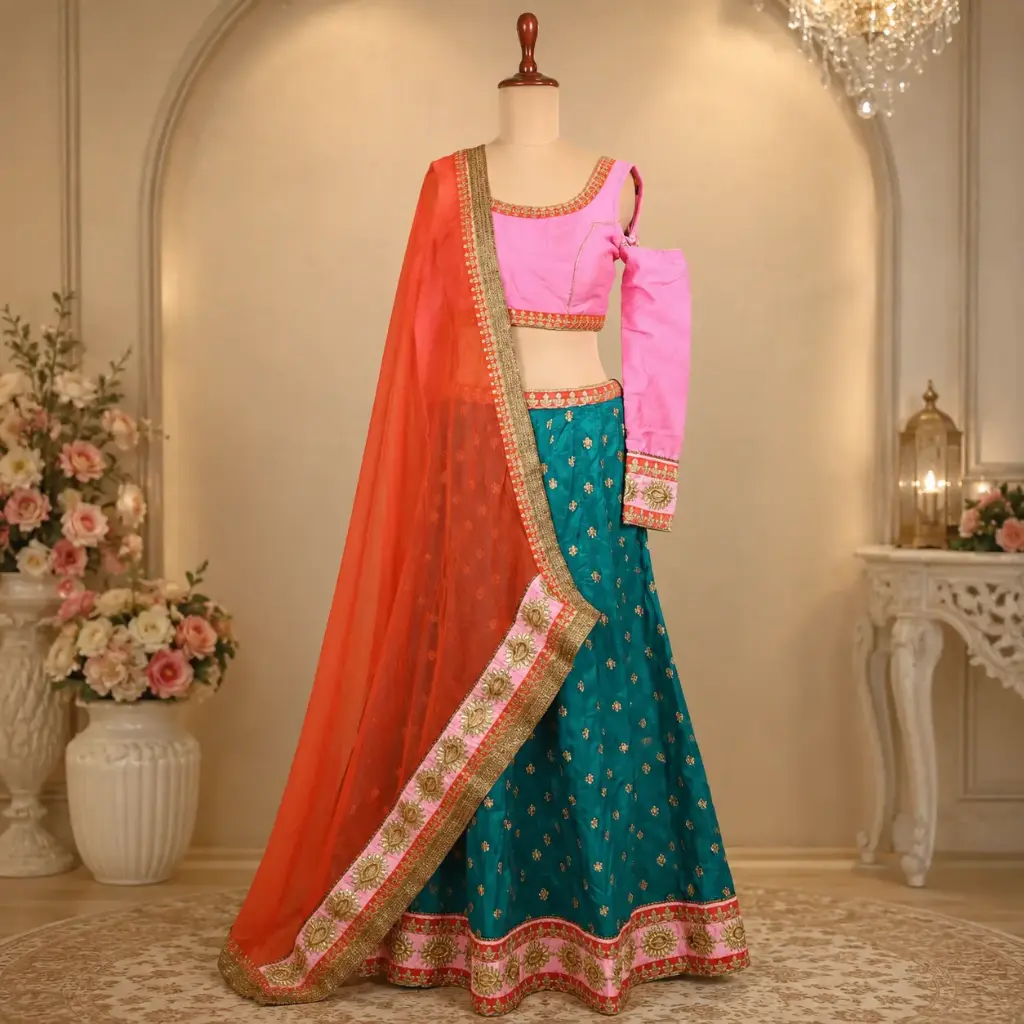 Women's Teal Green Lehenga Choli with Pink Cold Shoulder Blouse and Orange Net Dupatta for Weddings