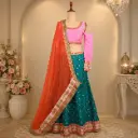 Women's Teal Green Lehenga Choli with Pink Cold Shoulder Blouse and Orange Net Dupatta for Weddings