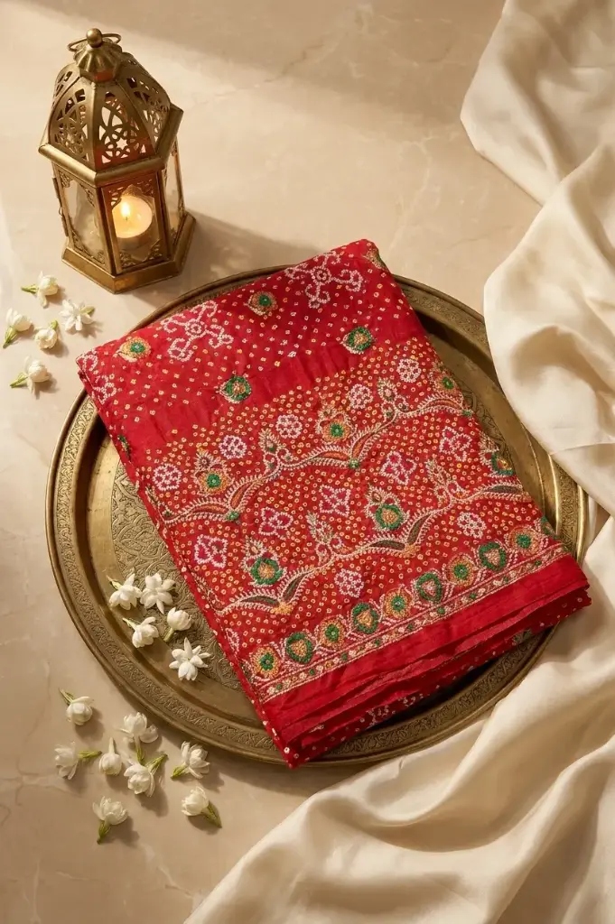 Red Bandhani Silk Saree with Embroidered Floral Border