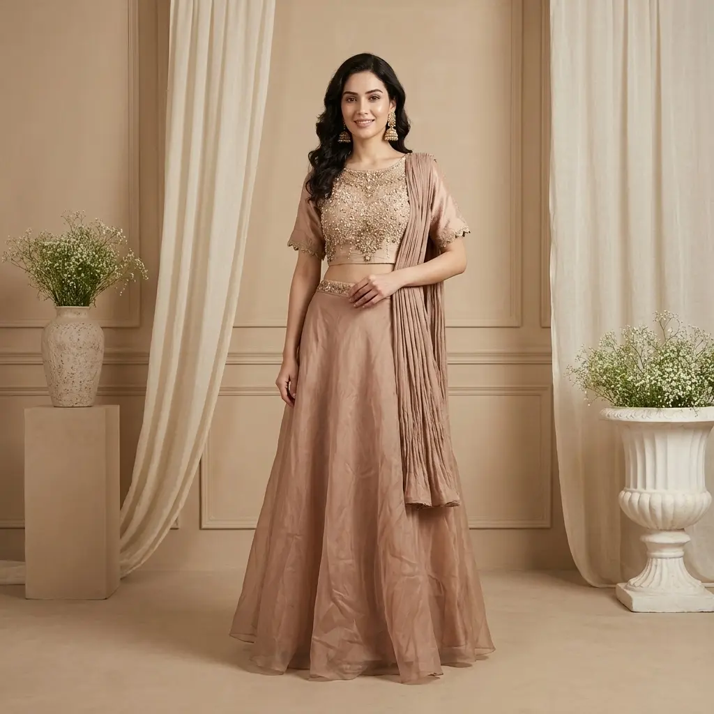 Dusty Rose Silk Crop Top and Flared Skirt Set