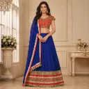 Women's Royal Blue Lehenga Choli with Red Gold Blouse and Net Dupatta for Wedding Festive Party Wear