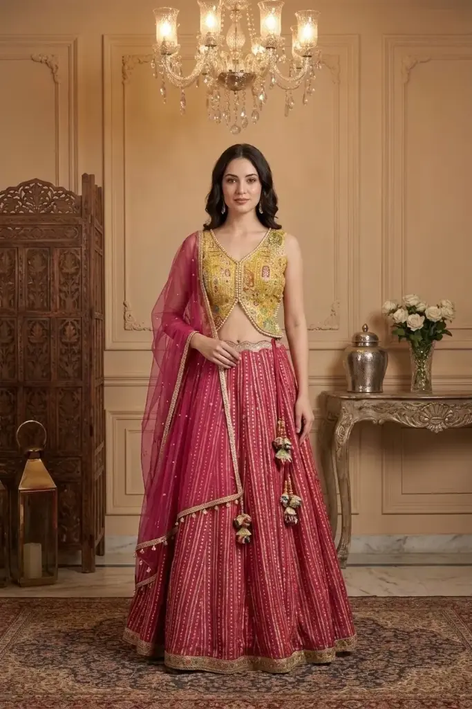 Rani Pink and Mustard Yellow Embroidered Silk Lehenga Set 