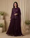 Deep Wine Sequin Embroidered Peplum Top with Flared Skirt Set