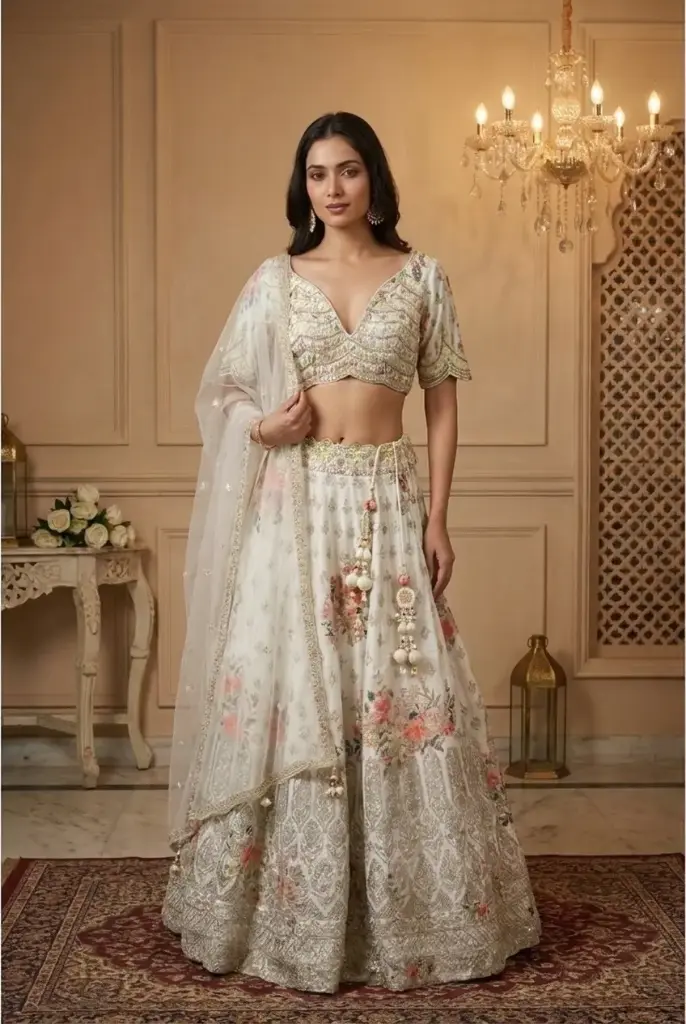 Ivory Floral Silk Lehenga Choli with Pastel Stone Embroidery