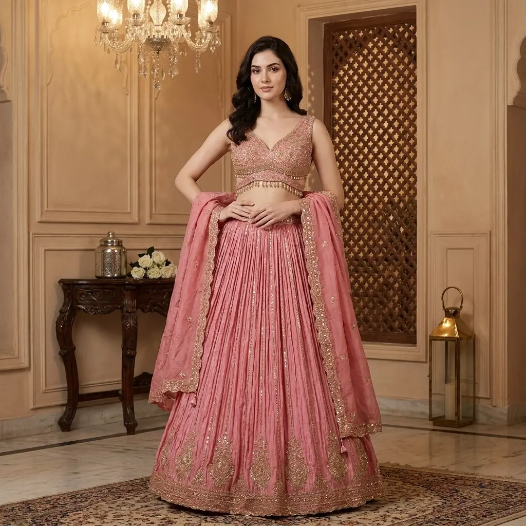 Rose Pink Crushed Silk Embroidered Lehenga Choli Set 