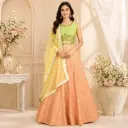 Women's Peach Gold Lehenga Choli with Lime Green Blouse and Yellow Dupatta for Wedding Festive Wear