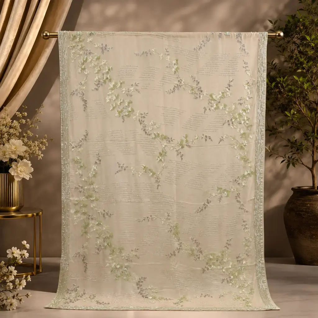 Ivory Sheer Saree with Mint Floral Embroidery and Silver Sequin Stripe for Women