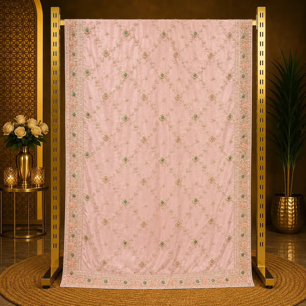 Women's Blush Pink Designer Saree with Embroidered Trellis, Pastel Stonework and Rich Border