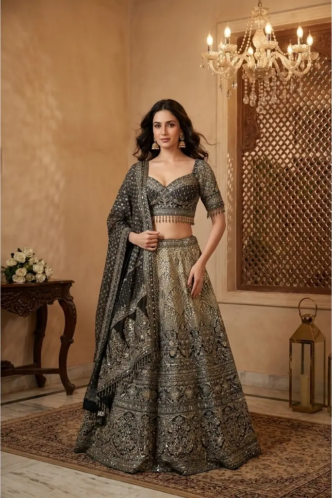 Black Hand-Embroidered Raw Silk Lehenga Choli Set