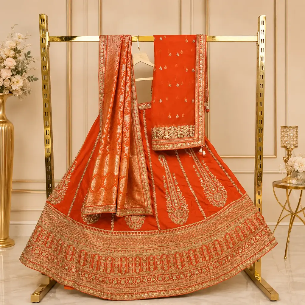 Women's Orange Embroidered Lehenga Choli with Matching Dupatta