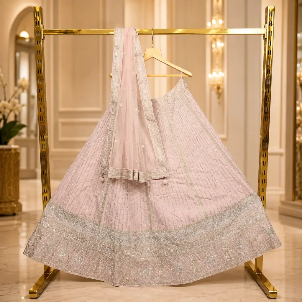 Women's Blush Pink Bridal Lehenga Choli with Silver Embroidery and Matching Net Dupatta