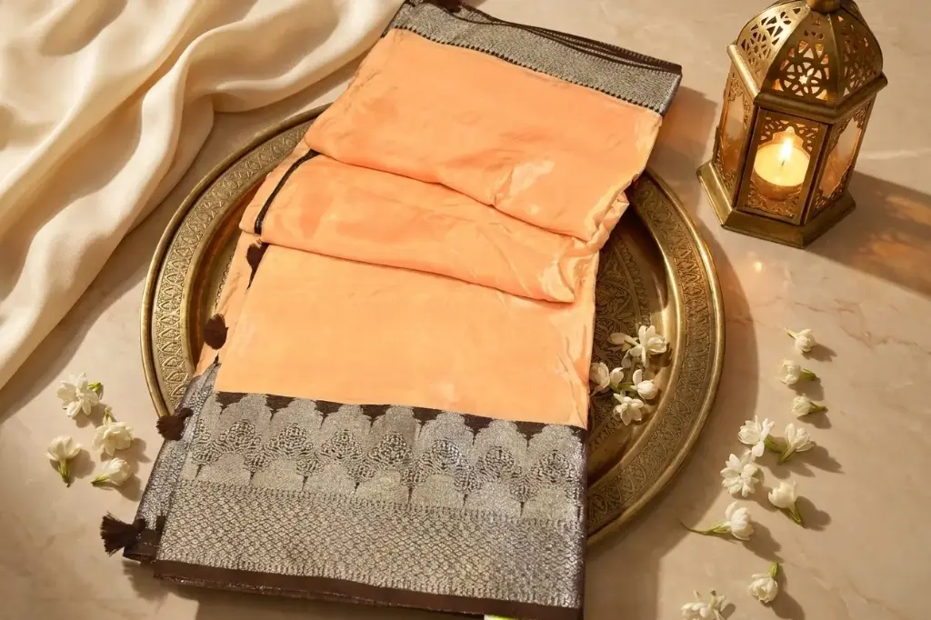 Peach Shimmer Tissue Saree with Metallic Border n Blouse