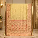 Elegant Cream Gold Saree with Red Bird Floral Border and Ornate Pallu