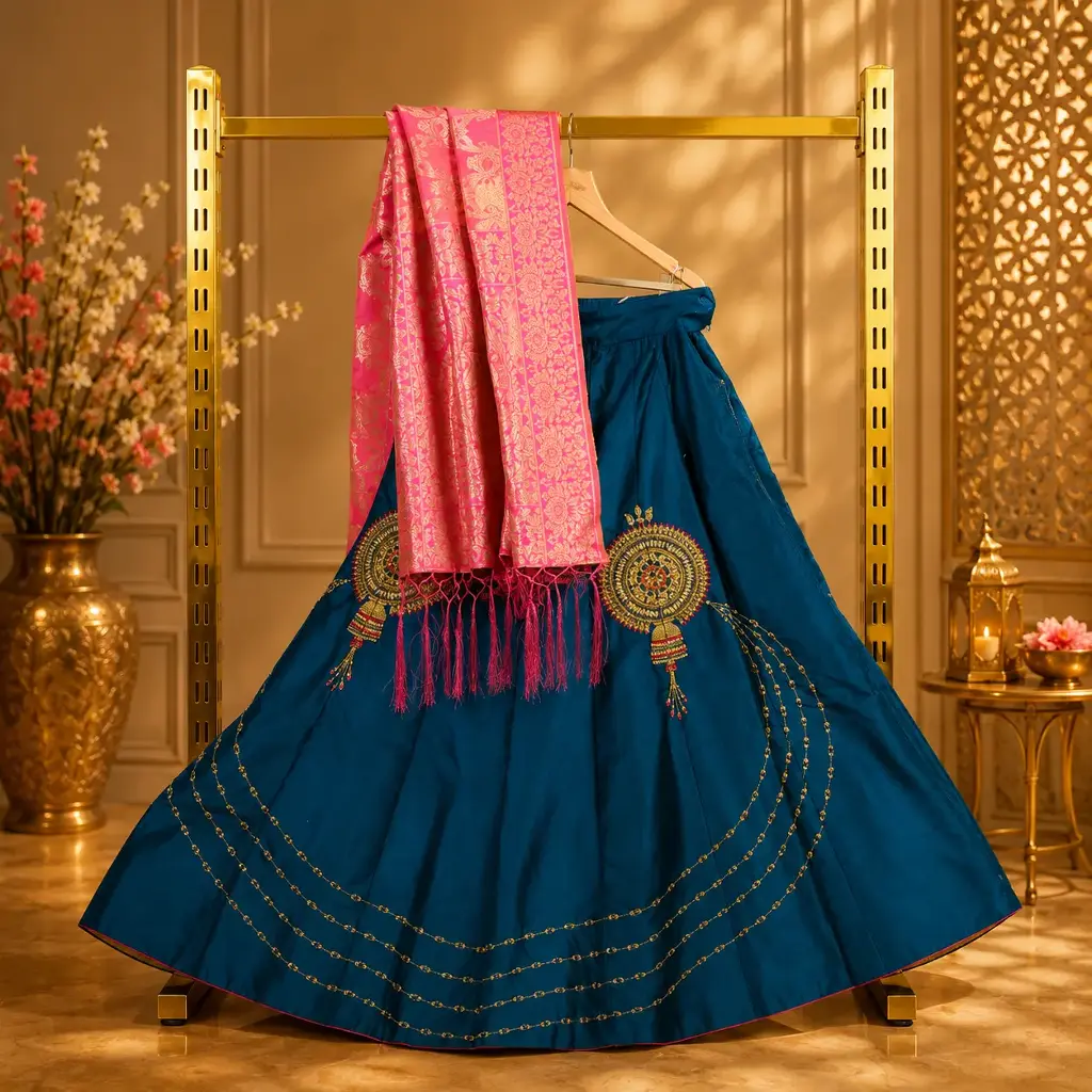 Women's Teal Blue Lehenga Choli with Gold Embroidery and Pink Dupatta