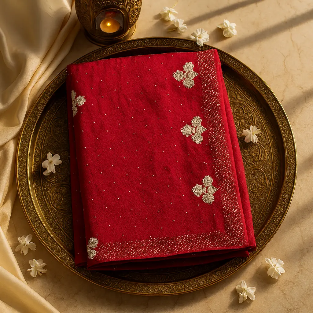 Exquisite Red Designer Saree with Radiant Stone Embellishments