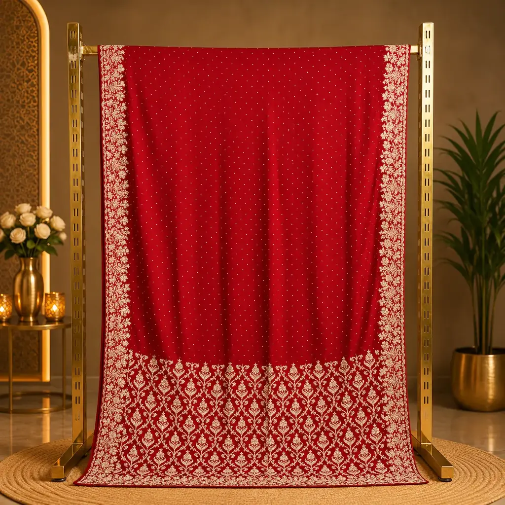 Women's Red Designer Saree with Gold Floral Embroidery, Dotted Work
