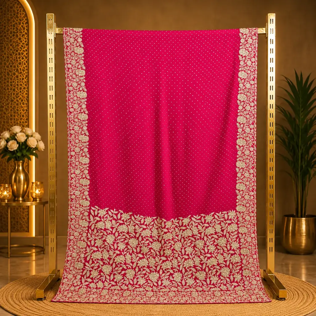 Rani Pink Saree with Gold Dot Work and Heavy Floral Embroidered Border