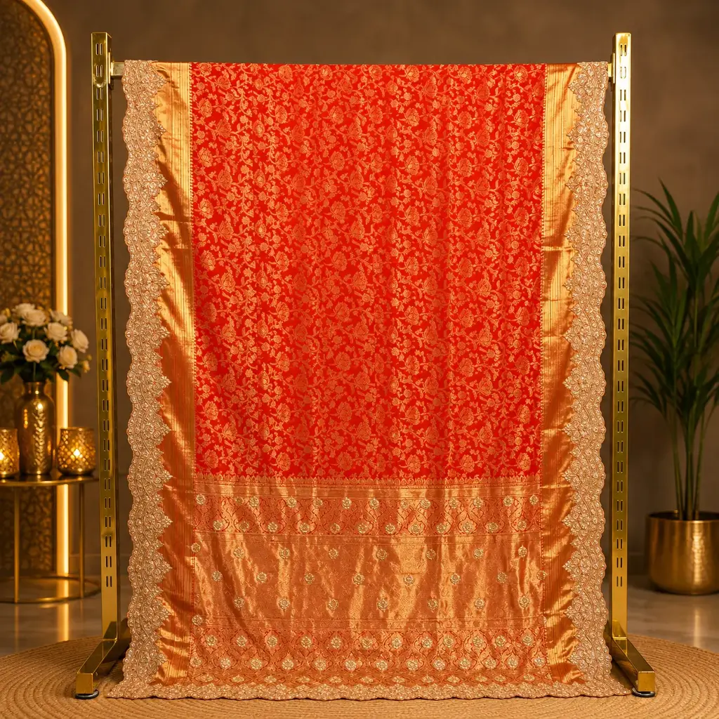 Women's Orange Gold Designer Saree with Floral Weave and Embroidered Border