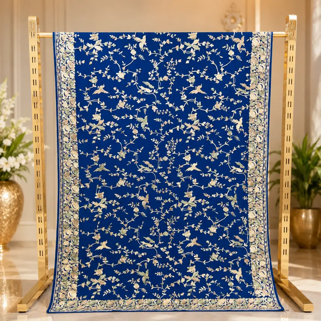 Royal Blue Floral Bird Embroidered Saree with Ornate Border