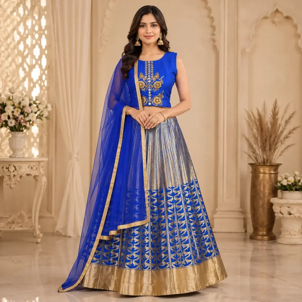 Women's Royal Blue Gold Woven Lehenga Choli with Net Dupatta