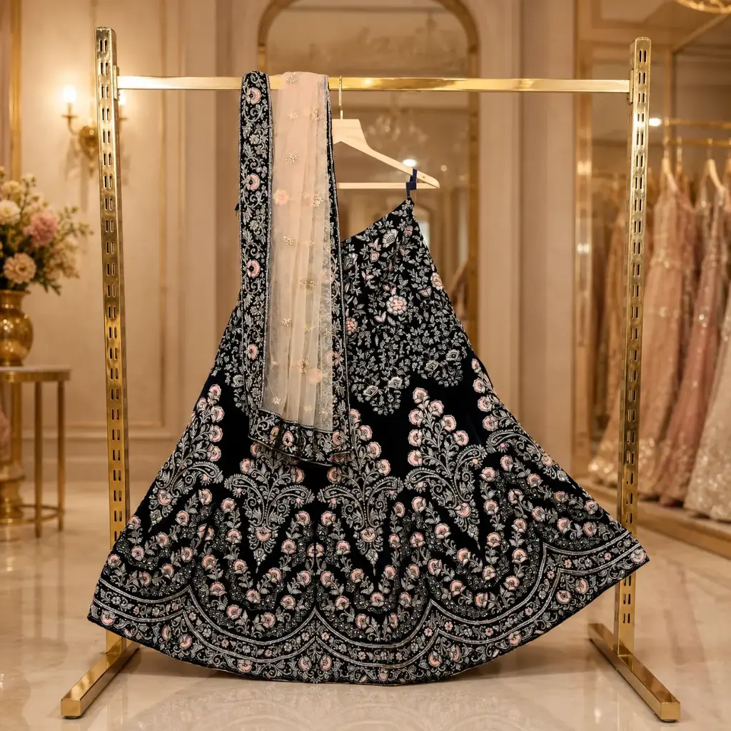 Women's Black Embroidered Lehenga Choli with Net Dupatta