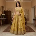Mustard Yellow Floral Silk Lehenga Set with Zari Dupatta