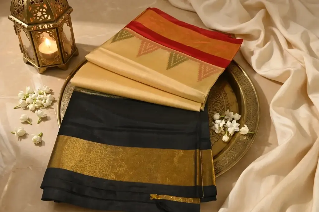 Classic Beige Silk Saree with Temple Border and Zari