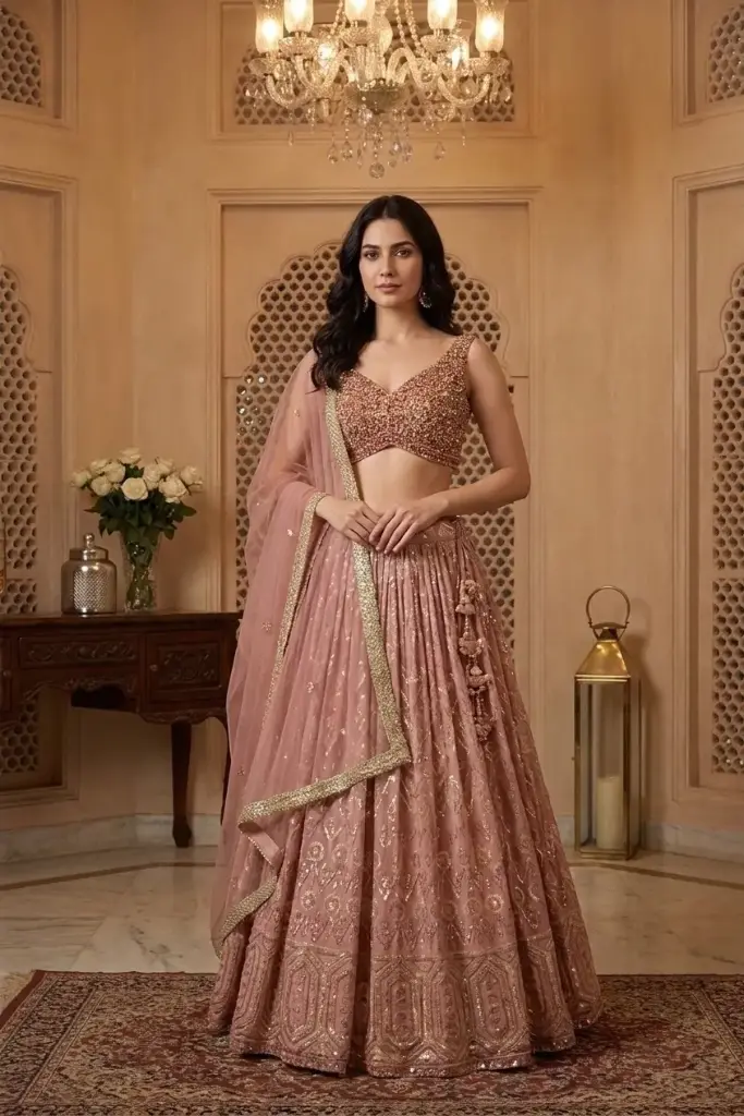 Peach Georgette Embroidered Lehenga Choli Set with Net Dupatta