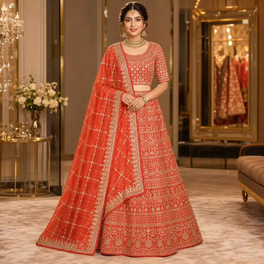 Women's Orange Gold Embroidered Lehenga Choli with Net Dupatta