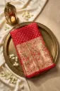 Scarlet Red Bandhani Saree with Meenakari Woven Zari Border