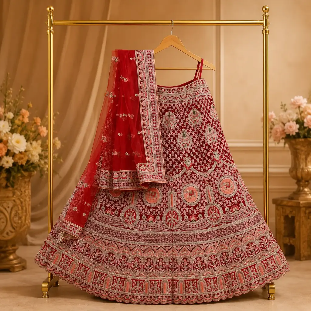 Women's Maroon Lehenga Choli with Elephant Embroidery and Net Dupatta