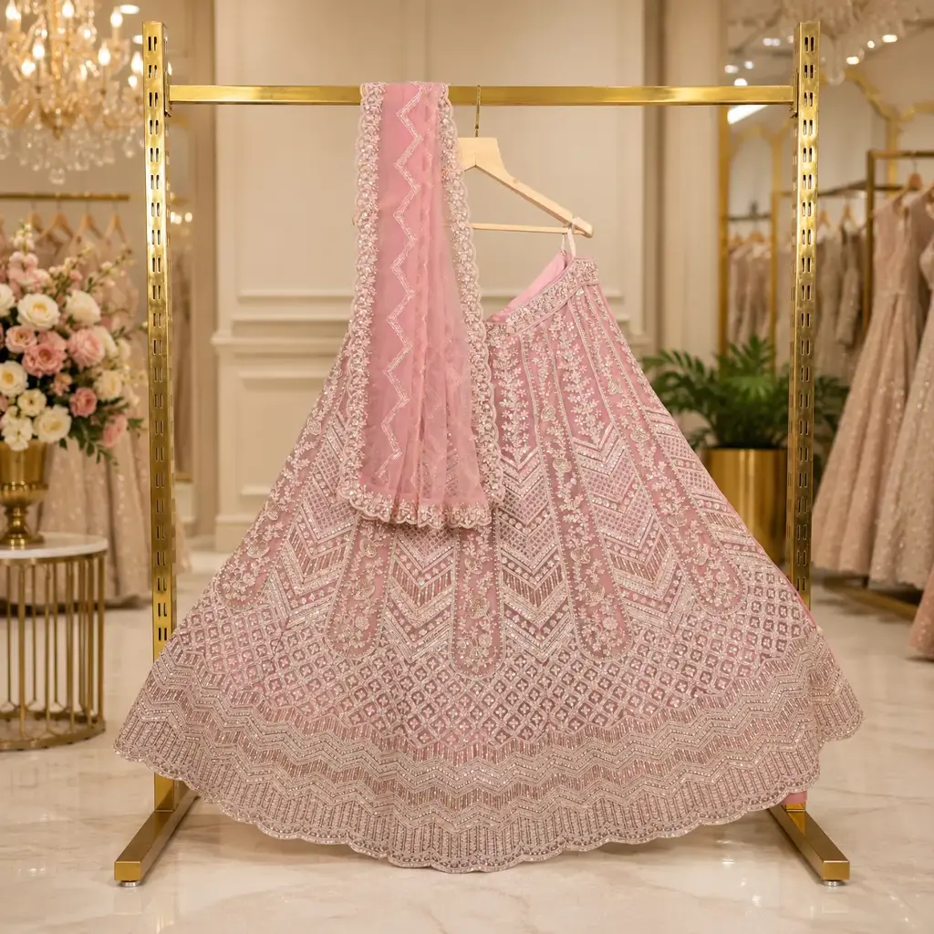 Women's Blush Pink Lehenga Choli with Heavy Sequin Embroidery and Net Dupatta