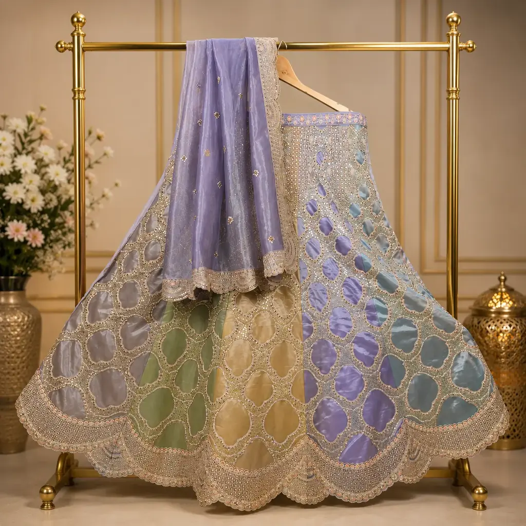 Women's Multicolor Pastel Lehenga Choli with Mirror Embroidery & Dupatta