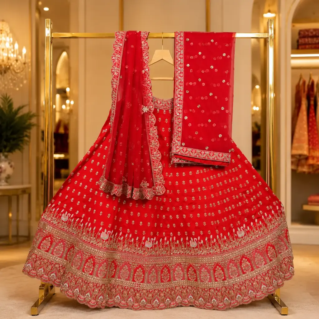 Women's Red Bridal Lehenga Choli with Gold Embroidery and Net Dupatta