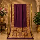 Women's Wine Purple Saree with Golden Woven Border and Elephant Motif Pallu