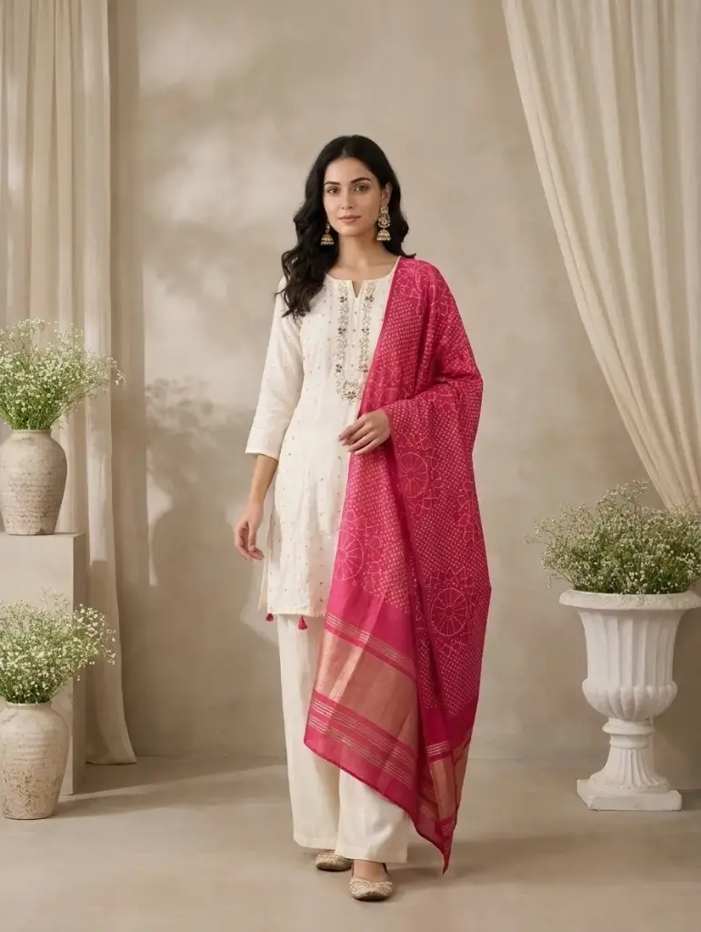 Ivory Embroidered Silk Kurti Pant Set with Pink Bandhani Dupatta