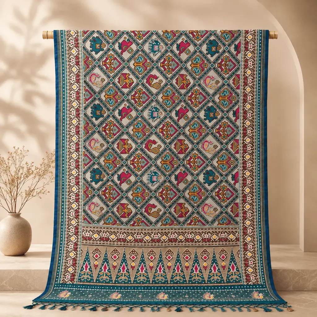Grey Patola Saree with Animal Bird Motifs and Teal Border