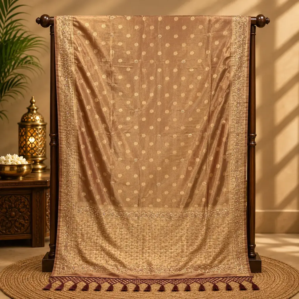Beige Gold Embroidered Saree with Floral Motifs, Sequin Border