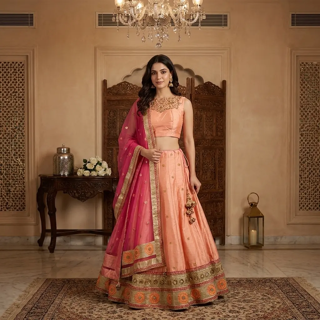 Peach Dupion Silk Embroidered Lehenga Set with Rani Pink Dupatta