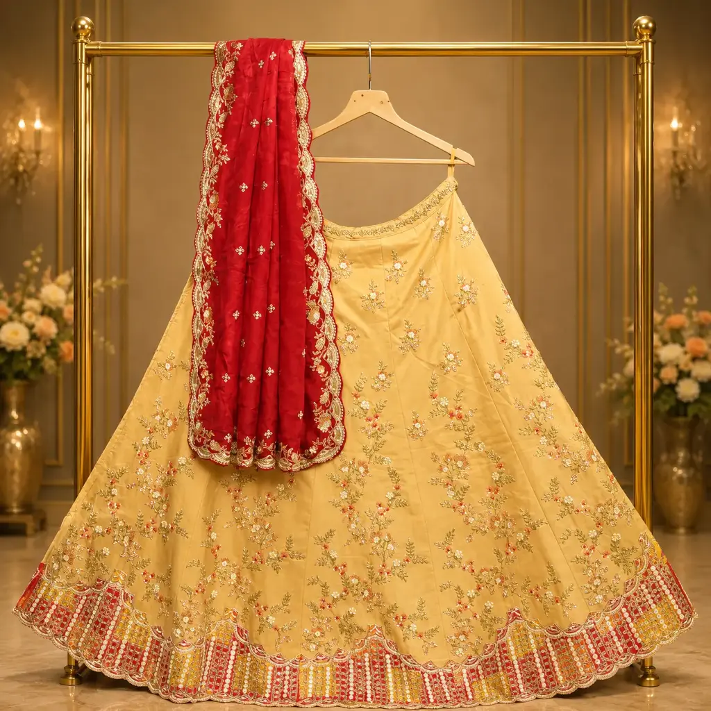Beige Embroidered Lehenga Choli with Red Dupatta