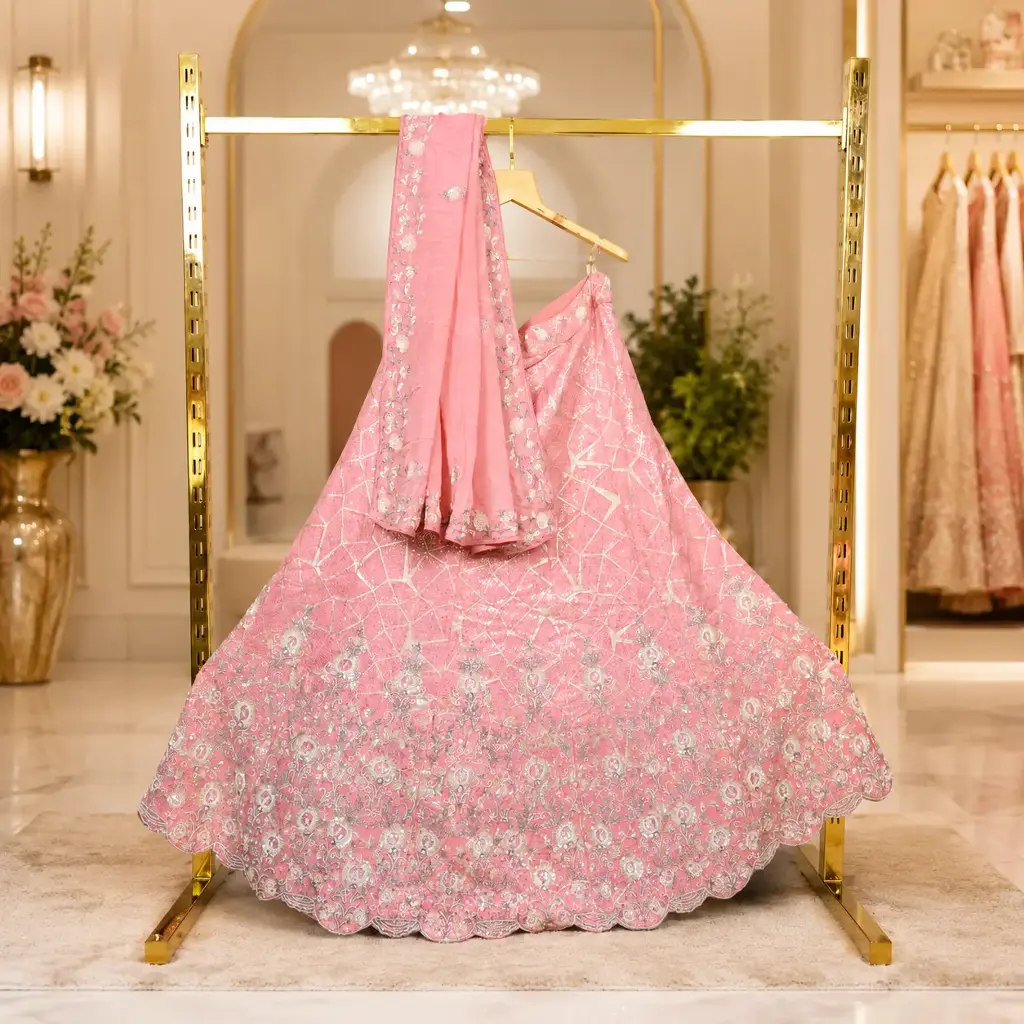 Women's Pink Lehenga Choli with Sequin Floral Embroidery and Matching Dupatta