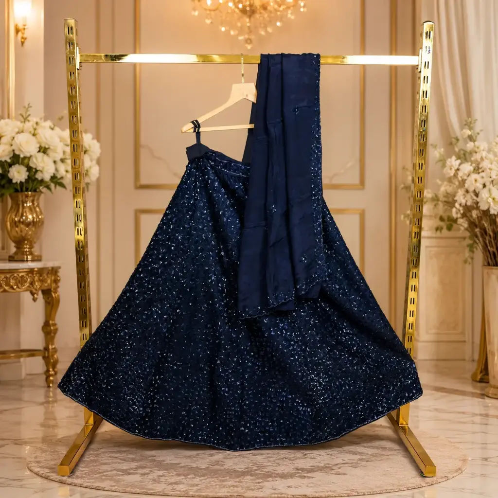 Women's Navy Blue Sequin Lehenga Choli Set with Matching Dupatta for Wedding, Sangeet and Party Wear