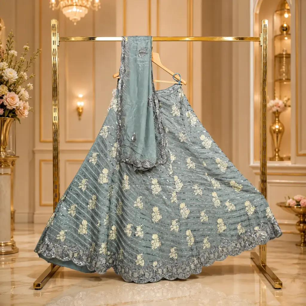 Women's Ice Blue Lehenga Choli with Silver Embroidery and Matching Dupatta