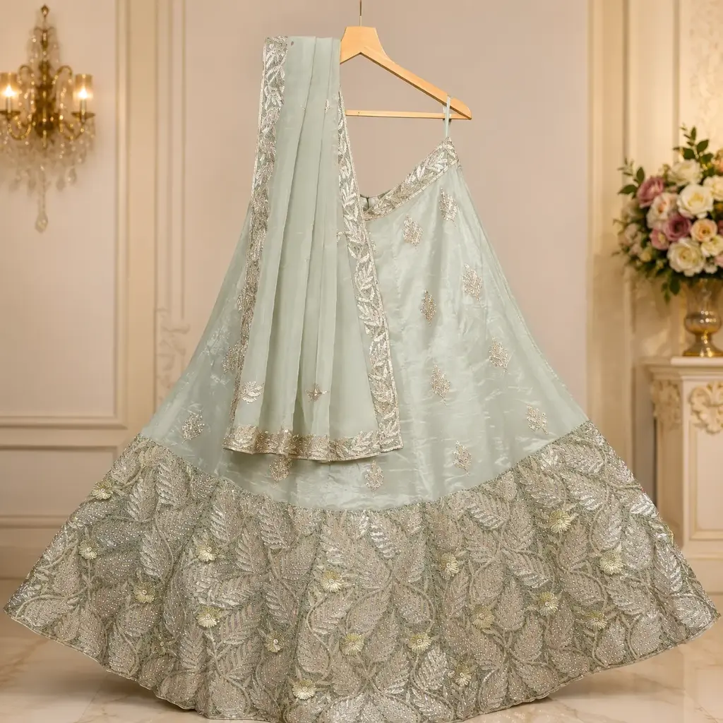 Women's Seafoam Green Lehenga Choli with Heavy Leaf Embroidery and Matching Dupatta