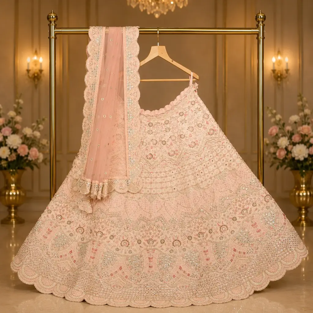 Pastel Peach Bridal Lehenga Choli with Heavy Embroidery and Net Dupatta