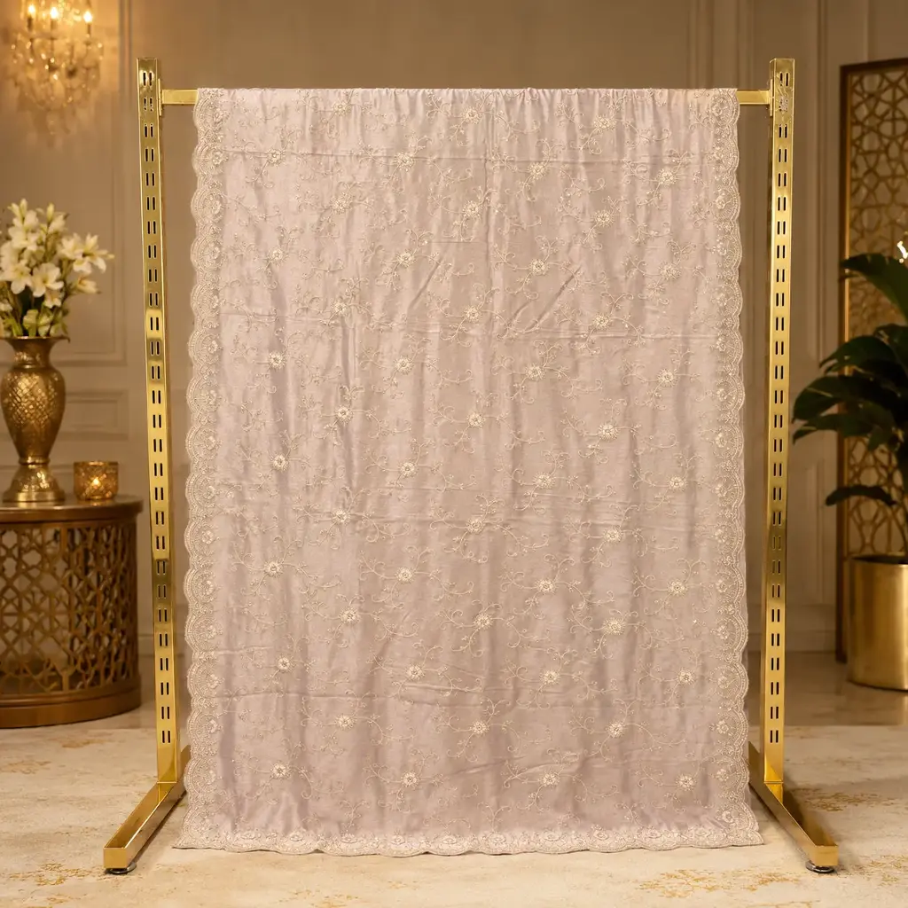 Blush Pink Saree with Gold Floral Vine Embroidery and Scalloped Border