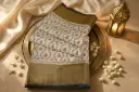 Ivory and Charcoal Ikat Silk Saree with Gold Zari Border