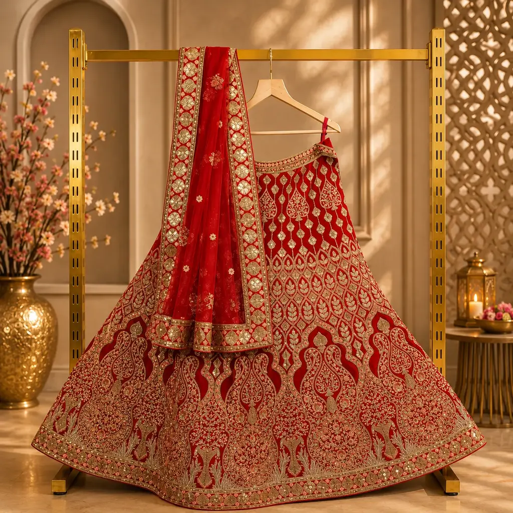 Women's Red Bridal Lehenga Choli with Heavy Gold Embroidery and Net Dupatta